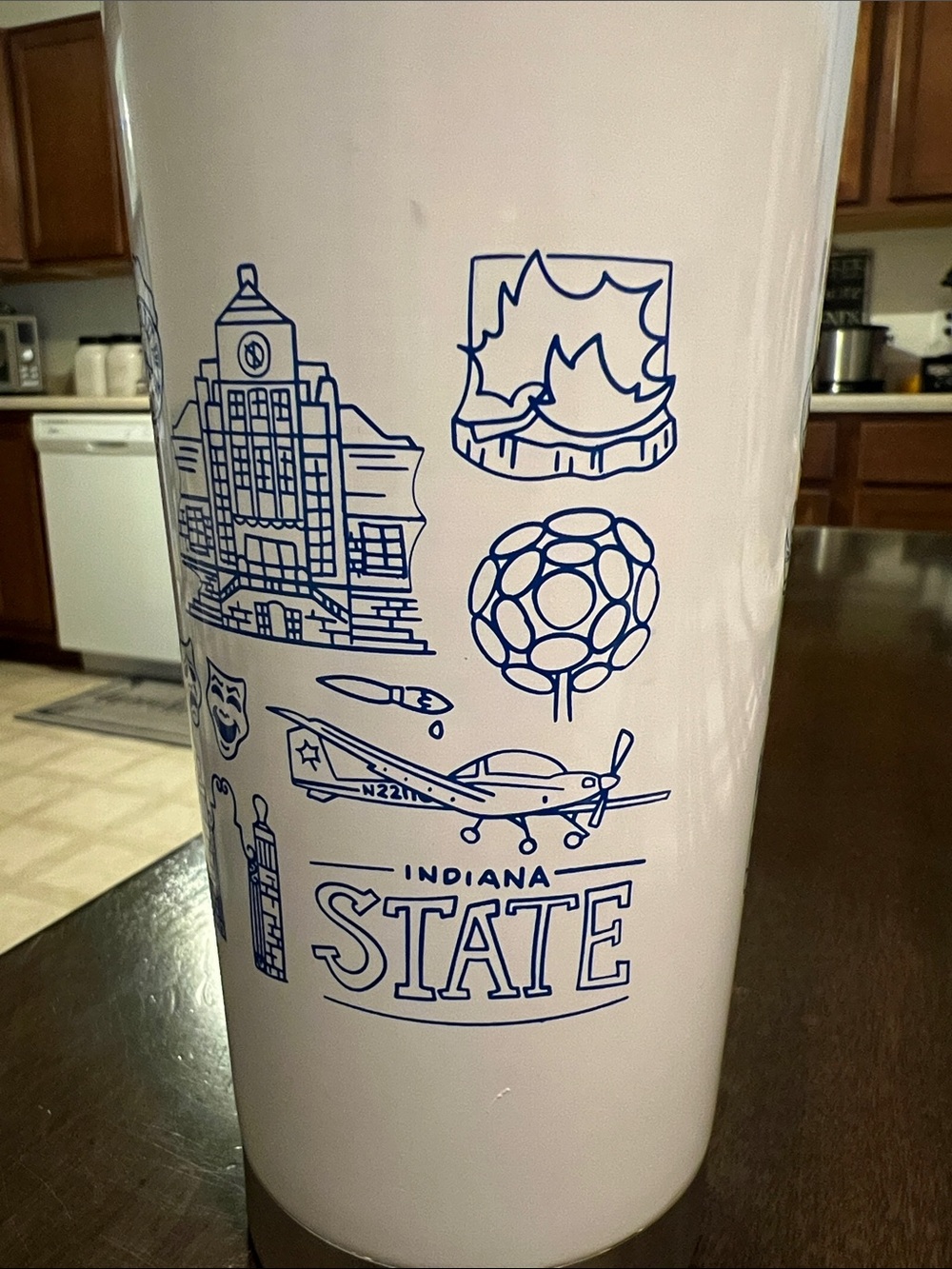 Indiana State White Tumbler with Blue Graphic Icons
